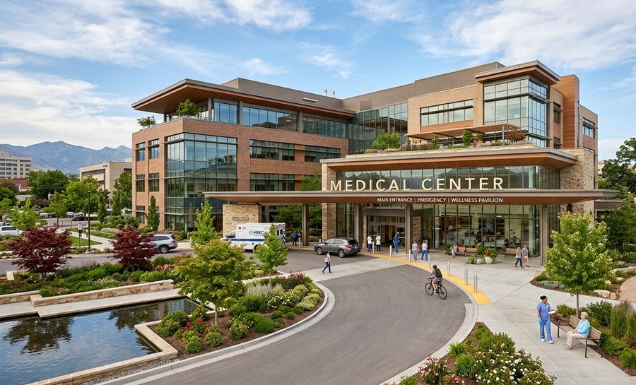 Modern medical centre main entrance