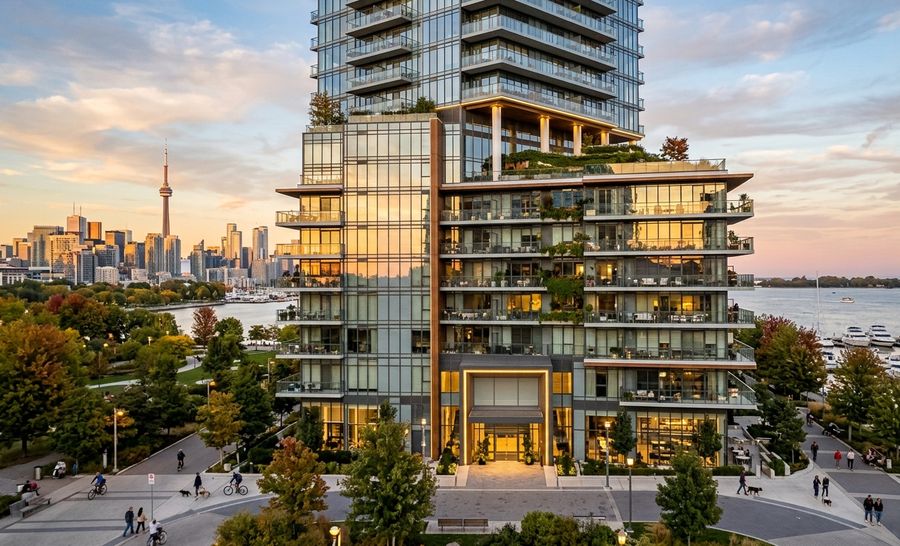 Modern waterfront residential high-rise with city skyline