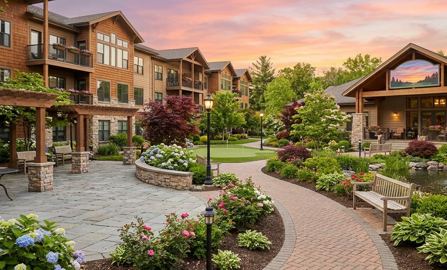 Senior living community courtyard and gardens