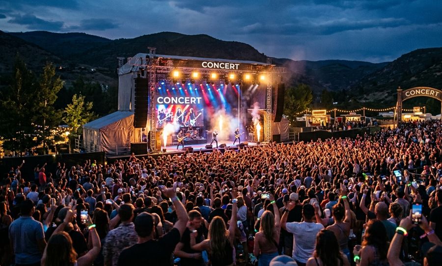 Outdoor concert venue with a full crowd at dusk